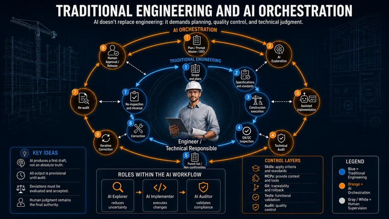 Infographic connecting traditional engineering with AI orchestration through planning, auditing, correction, and final human technical acceptance.