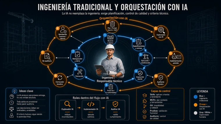 Infografía que relaciona el flujo de ingeniería tradicional con la orquestación de IA, destacando planificación, auditoría, corrección y aceptación técnica humana.
