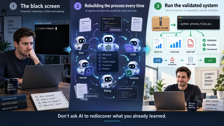 Three-stage infographic showing the transition from an intimidating terminal, through AI agents repeatedly rebuilding a process, to running a validated, reusable, versioned system.