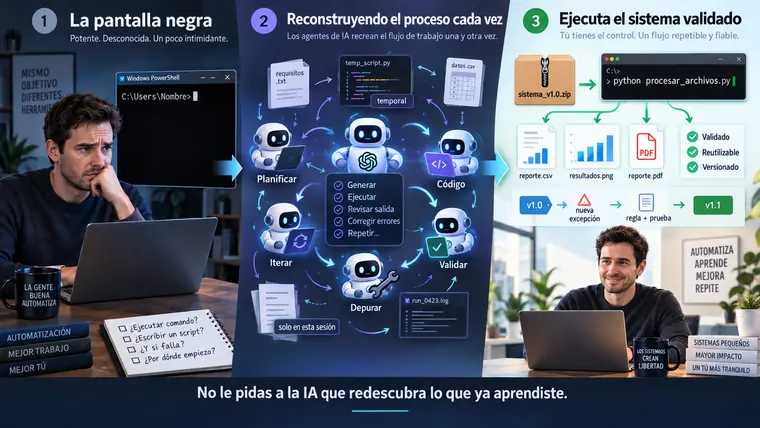 Infografía en tres etapas que muestra la transición desde la intimidación ante una terminal, pasando por agentes que reconstruyen un proceso, hasta ejecutar un sistema validado, reutilizable y versionado.