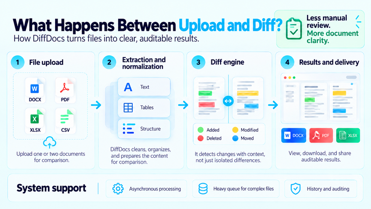 DiffDocs flow from file upload to auditable results