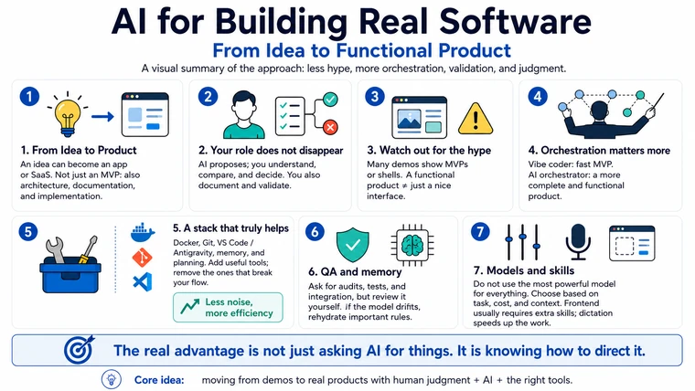 Infographic showing the path from an idea to a functional product through AI-assisted development, architecture, testing, validation, and deployment.