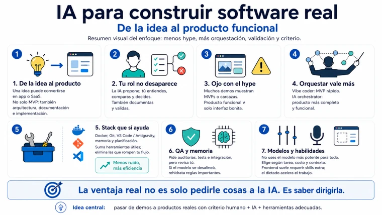 Infografía sobre el recorrido desde una idea hasta un producto funcional mediante desarrollo asistido por IA, arquitectura, pruebas, validación y despliegue.