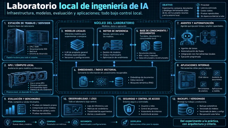 Blueprint técnico de un laboratorio local de ingeniería de IA con estación de trabajo, GPU, modelos, inferencia, RAG, agentes, observabilidad, seguridad y backups.