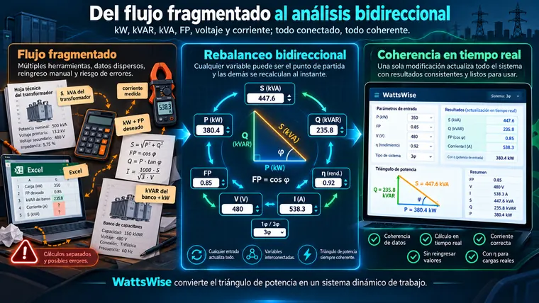 Infografía conceptual en tres pasos: cálculos fragmentados, triángulo de potencia bidireccional y resultados coherentes de WattsWise para un sistema trifásico.