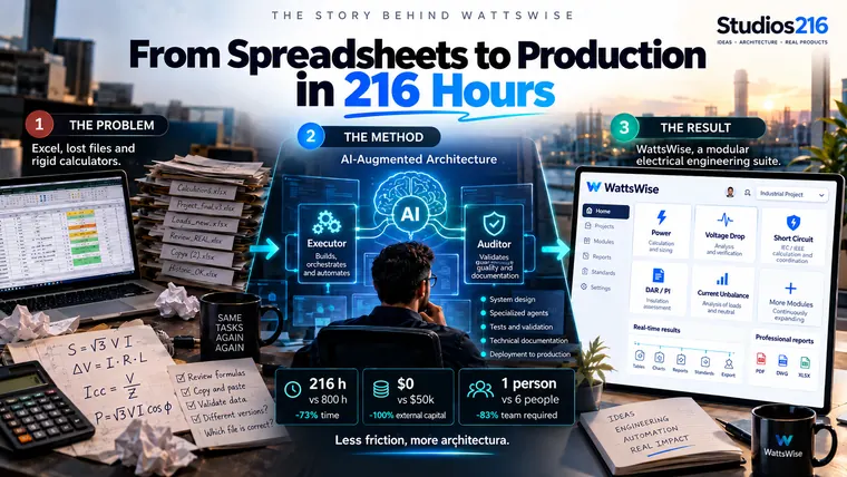 Concept illustration: scattered spreadsheets, AI-augmented architecture with executor and auditor, and an illustrative WattsWise interface. Hypothetical comparison figures are explained below.