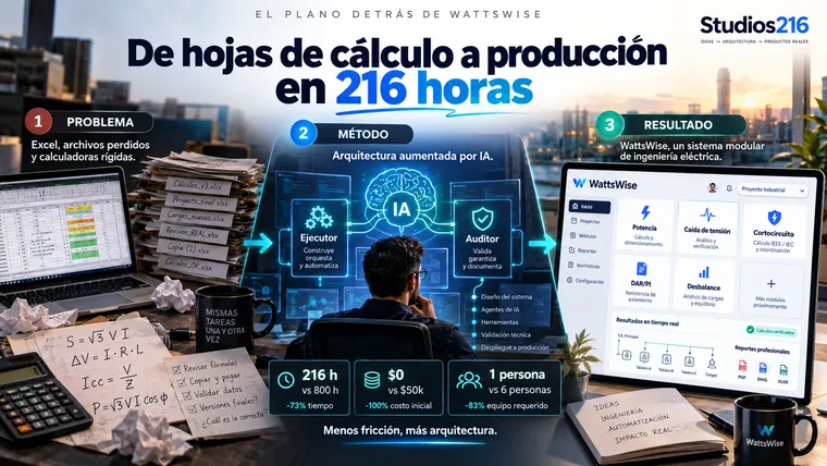 Ilustración conceptual: hojas de cálculo dispersas, arquitectura asistida por IA con ejecutor y auditor, y un panel ilustrativo de WattsWise. Las cifras comparativas hipotéticas se explican al pie.