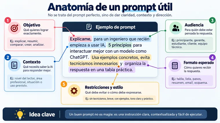 Infografía titulada Anatomía de un prompt útil, con objetivo, contexto, audiencia, formato esperado y restricciones conectados a un ejemplo de prompt.