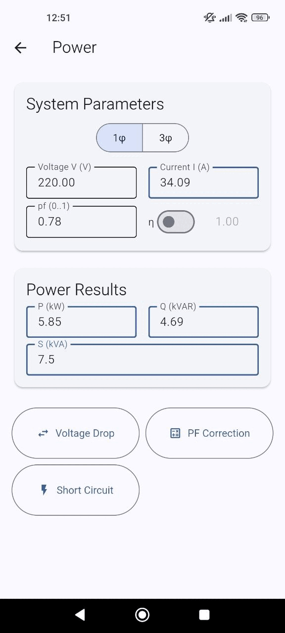 WattsWise power module demo: changing voltage, power factor, kVAR, kVA and efficiency (η) updates all dependent values instantly (kW, kVAR, kVA, PF, current) for 1-phase and 3-phase.